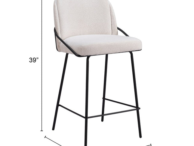 Set of Two 26" Ivory and Black Faux Shearling and Steel Counter Height Bar Chairs