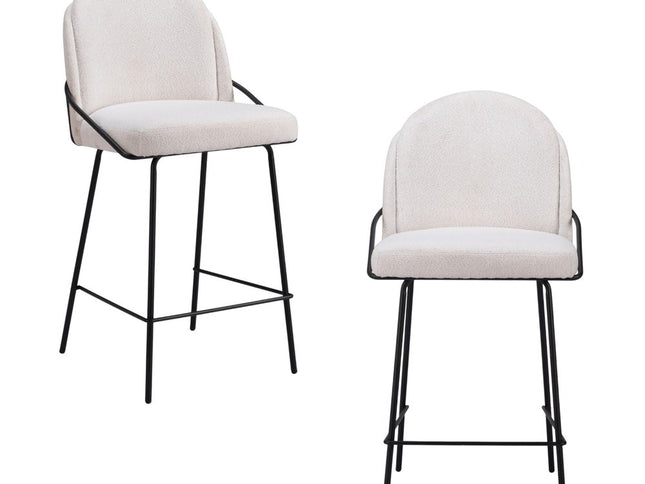 Set of Two 26" Ivory and Black Faux Shearling and Steel Counter Height Bar Chairs