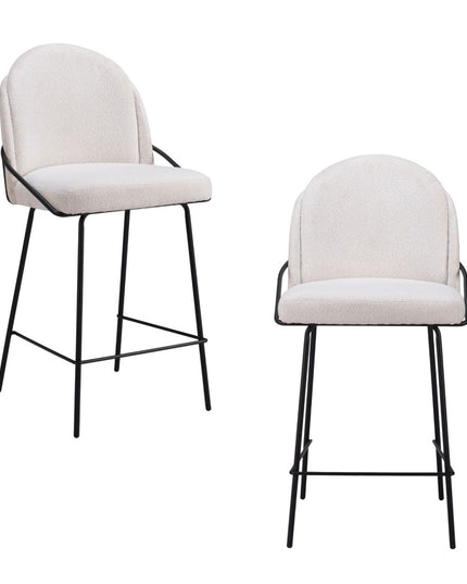 Set of Two 26" Ivory and Black Faux Shearling and Steel Counter Height Bar Chairs