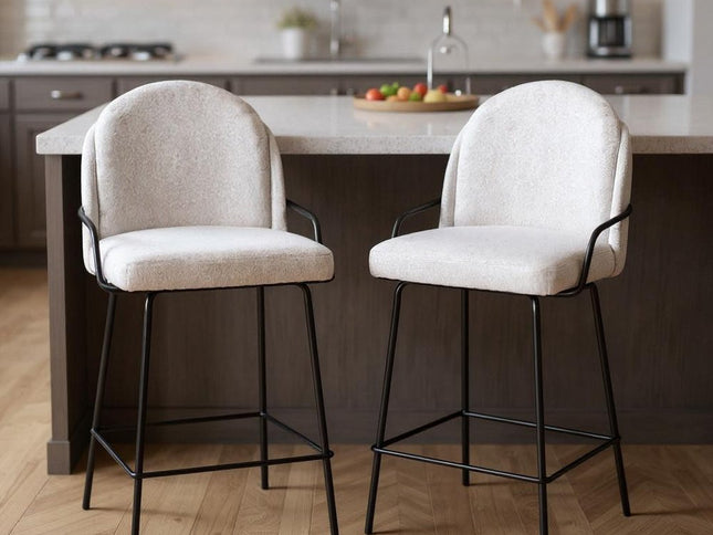 Set of Two 26" Ivory and Black Faux Shearling and Steel Counter Height Bar Chairs
