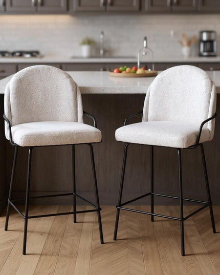 Set of Two 26" Ivory and Black Faux Shearling and Steel Counter Height Bar Chairs
