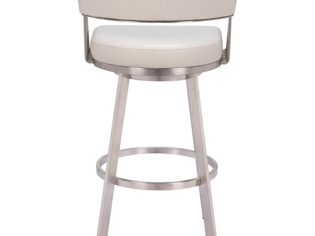 31" White And Silver Faux Leather And Stainless Steel Bar Height Swivel Bar Chair