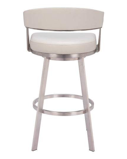31" White And Silver Faux Leather And Stainless Steel Bar Height Swivel Bar Chair