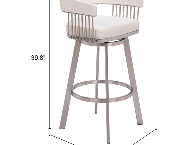 31" White And Silver Faux Leather And Stainless Steel Bar Height Swivel Bar Chair
