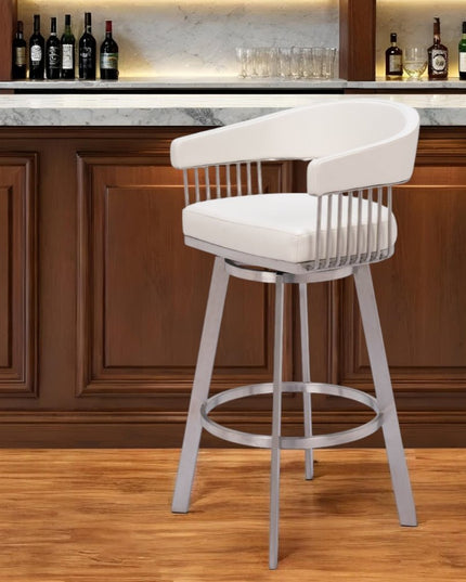 31" White And Silver Faux Leather And Stainless Steel Bar Height Swivel Bar Chair