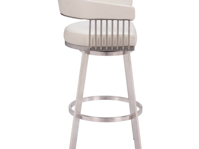 31" White And Silver Faux Leather And Stainless Steel Bar Height Swivel Bar Chair