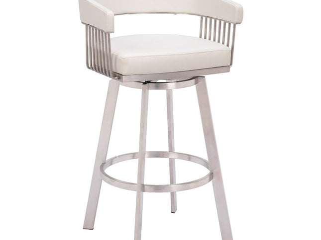 31" White And Silver Faux Leather And Stainless Steel Bar Height Swivel Bar Chair