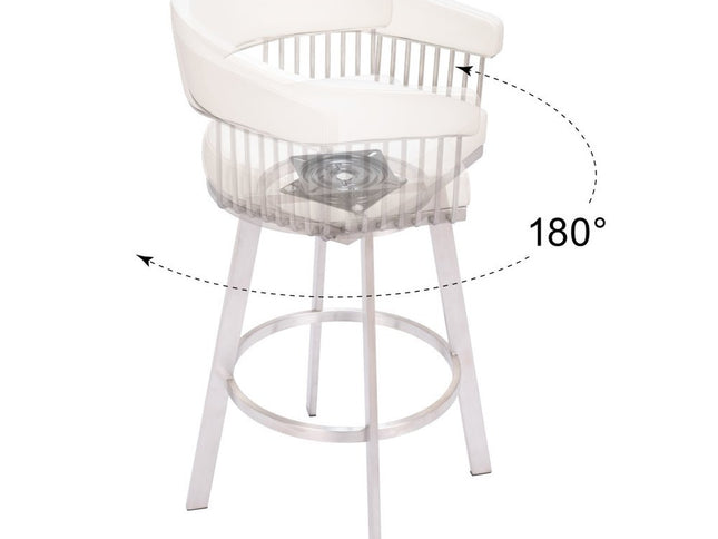 31" White And Silver Faux Leather And Stainless Steel Bar Height Swivel Bar Chair