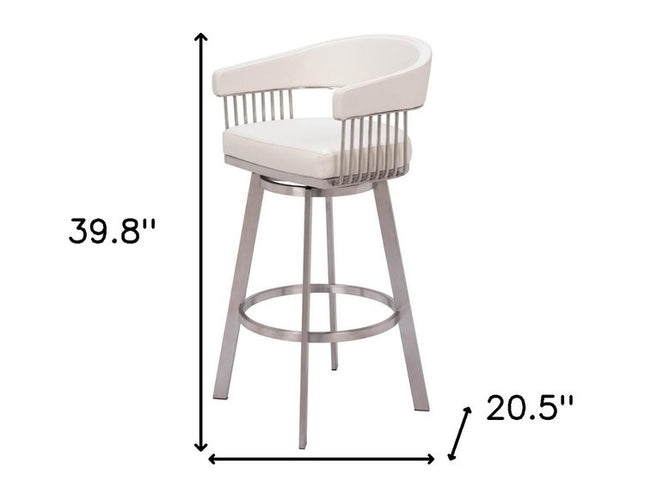31" White And Silver Faux Leather And Stainless Steel Bar Height Swivel Bar Chair
