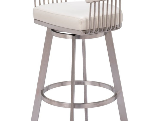 31" White And Silver Faux Leather And Stainless Steel Bar Height Swivel Bar Chair