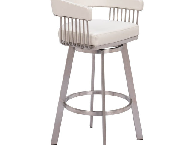31" White And Silver Faux Leather And Stainless Steel Bar Height Swivel Bar Chair