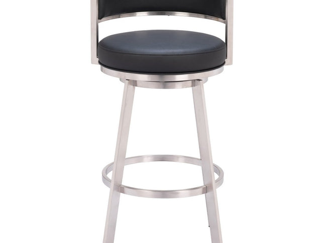 31" Black And Silver Faux Leather And Stainless Steel Low Back Bar Height Swivel Bar Chair