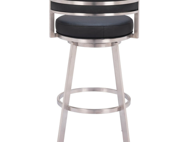 31" Black And Silver Faux Leather And Stainless Steel Low Back Bar Height Swivel Bar Chair