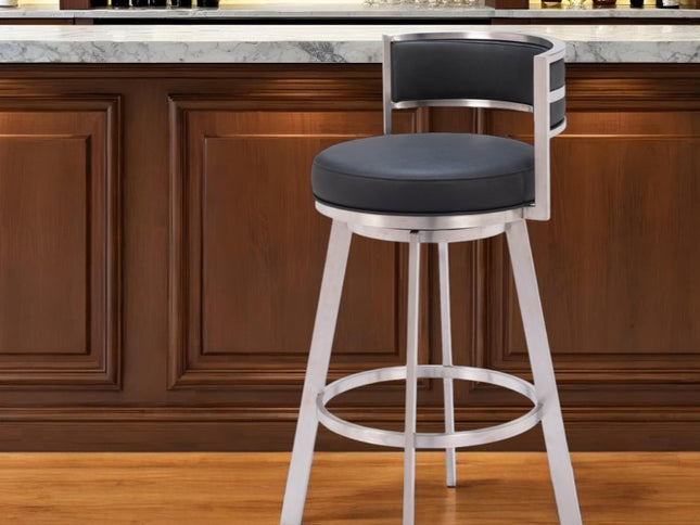 31" Black And Silver Faux Leather And Stainless Steel Low Back Bar Height Swivel Bar Chair
