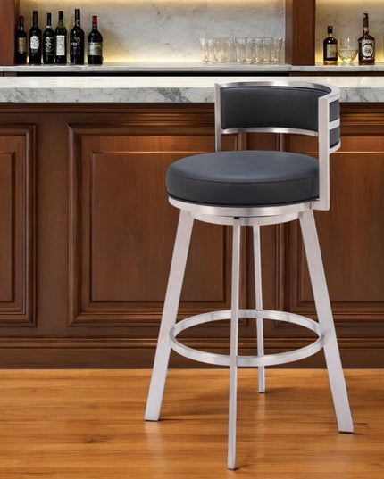 31" Black And Silver Faux Leather And Stainless Steel Low Back Bar Height Swivel Bar Chair