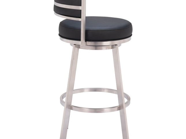 31" Black And Silver Faux Leather And Stainless Steel Low Back Bar Height Swivel Bar Chair