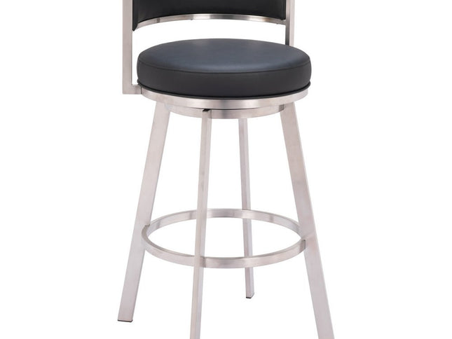 31" Black And Silver Faux Leather And Stainless Steel Low Back Bar Height Swivel Bar Chair
