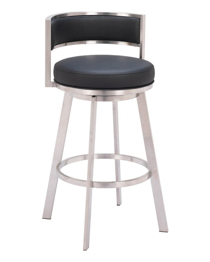 31" Black And Silver Faux Leather And Stainless Steel Low Back Bar Height Swivel Bar Chair