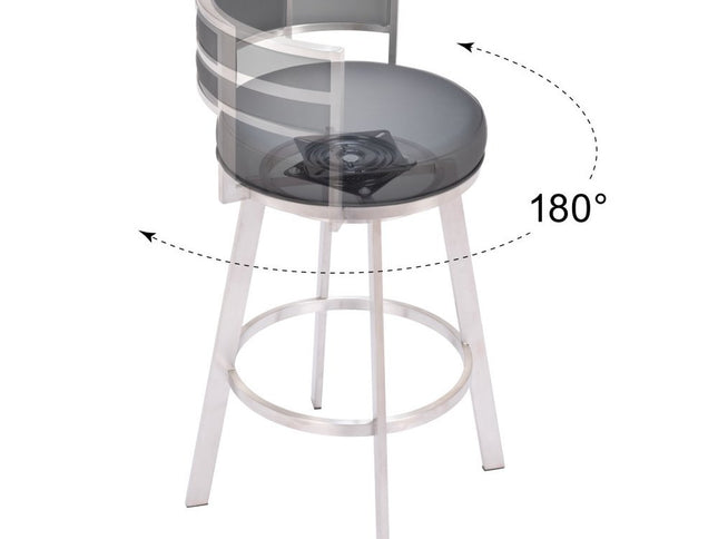 31" Black And Silver Faux Leather And Stainless Steel Low Back Bar Height Swivel Bar Chair