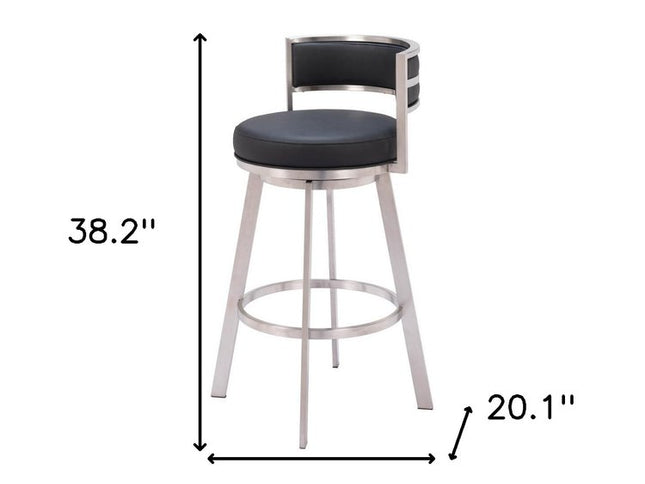 31" Black And Silver Faux Leather And Stainless Steel Low Back Bar Height Swivel Bar Chair