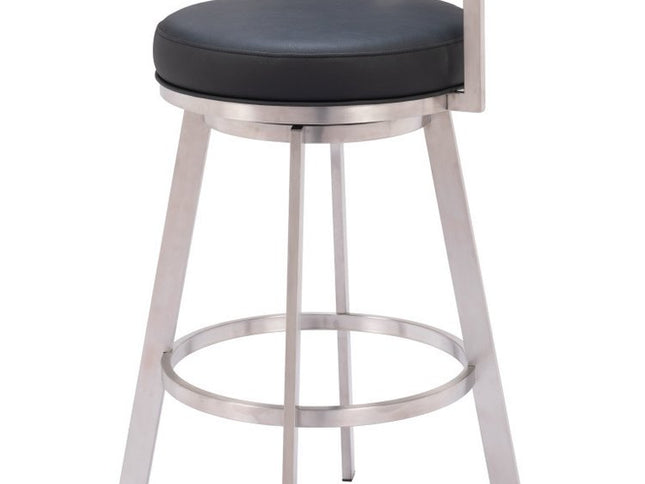 31" Black And Silver Faux Leather And Stainless Steel Low Back Bar Height Swivel Bar Chair