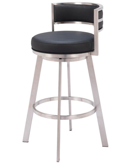 31" Black And Silver Faux Leather And Stainless Steel Low Back Bar Height Swivel Bar Chair