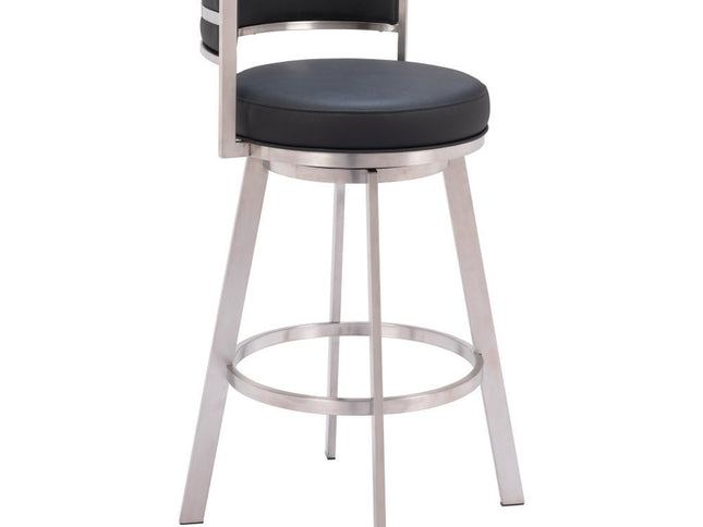 31" Black And Silver Faux Leather And Stainless Steel Low Back Bar Height Swivel Bar Chair