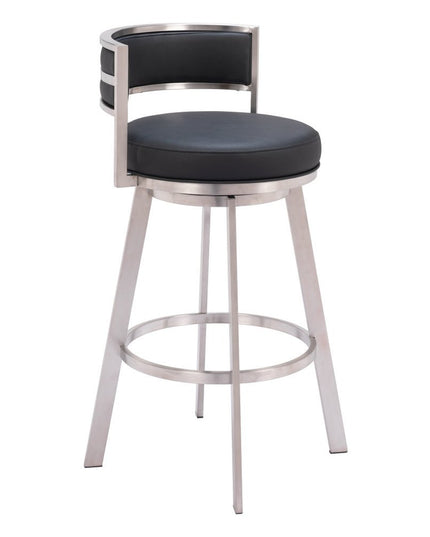 31" Black And Silver Faux Leather And Stainless Steel Low Back Bar Height Swivel Bar Chair