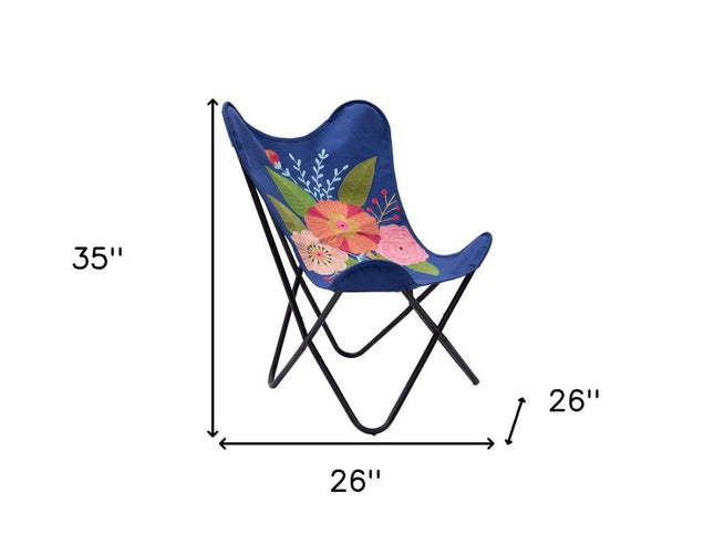 26" Blue And Black Tropical Butterfly Chair