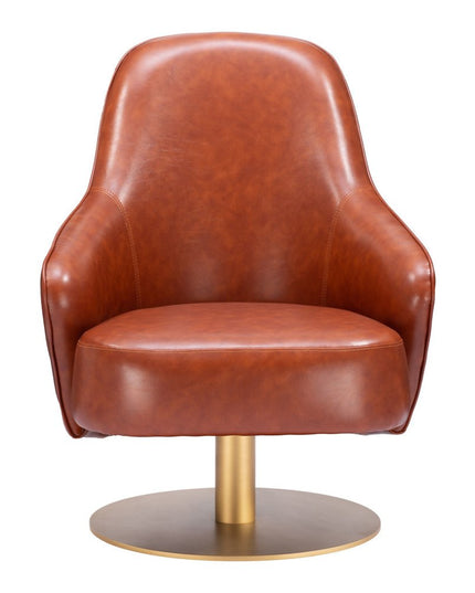 28" Brown And Gold Faux Leather And Faux Leather Swivel Arm Chair