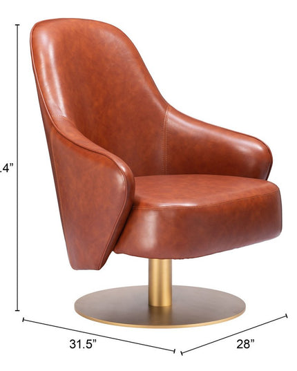 28" Brown And Gold Faux Leather And Faux Leather Swivel Arm Chair