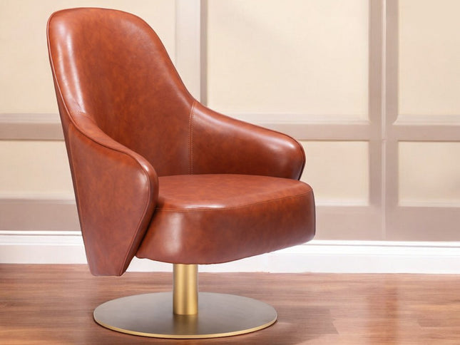 28" Brown And Gold Faux Leather And Faux Leather Swivel Arm Chair