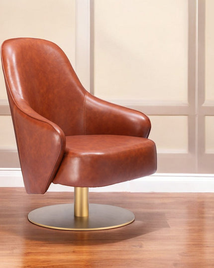 28" Brown And Gold Faux Leather And Faux Leather Swivel Arm Chair