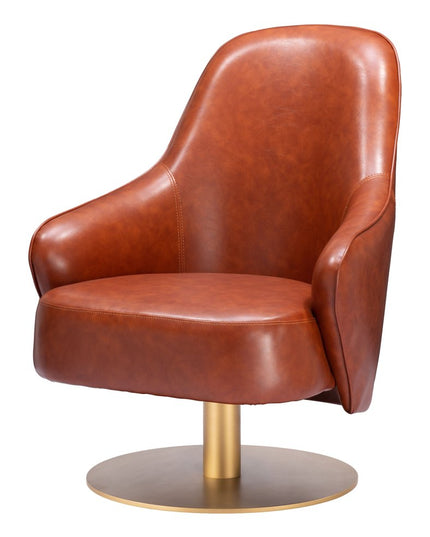 28" Brown And Gold Faux Leather And Faux Leather Swivel Arm Chair
