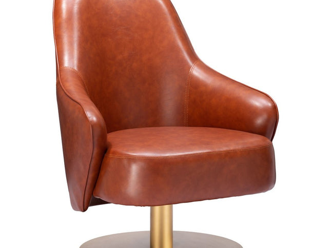 28" Brown And Gold Faux Leather And Faux Leather Swivel Arm Chair