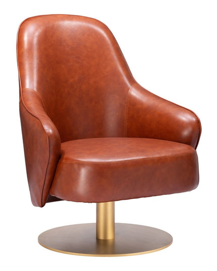 28" Brown And Gold Faux Leather And Faux Leather Swivel Arm Chair
