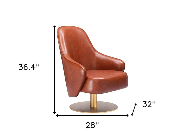28" Brown And Gold Faux Leather And Faux Leather Swivel Arm Chair