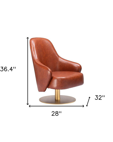 28" Brown And Gold Faux Leather And Faux Leather Swivel Arm Chair