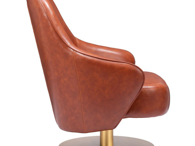 28" Brown And Gold Faux Leather And Faux Leather Swivel Arm Chair
