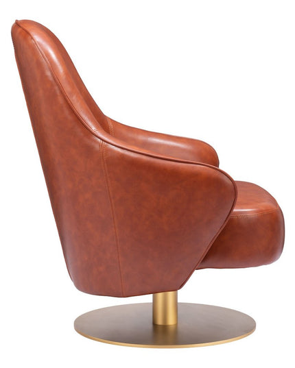 28" Brown And Gold Faux Leather And Faux Leather Swivel Arm Chair