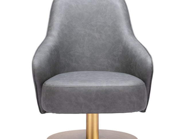 28" Gray And Gold Faux Leather And Faux Leather Swivel Arm Chair