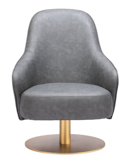28" Gray And Gold Faux Leather And Faux Leather Swivel Arm Chair