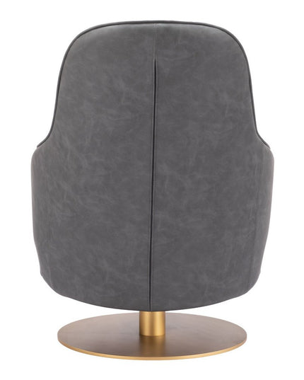 28" Gray And Gold Faux Leather And Faux Leather Swivel Arm Chair