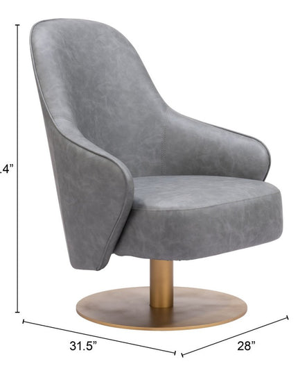 28" Gray And Gold Faux Leather And Faux Leather Swivel Arm Chair