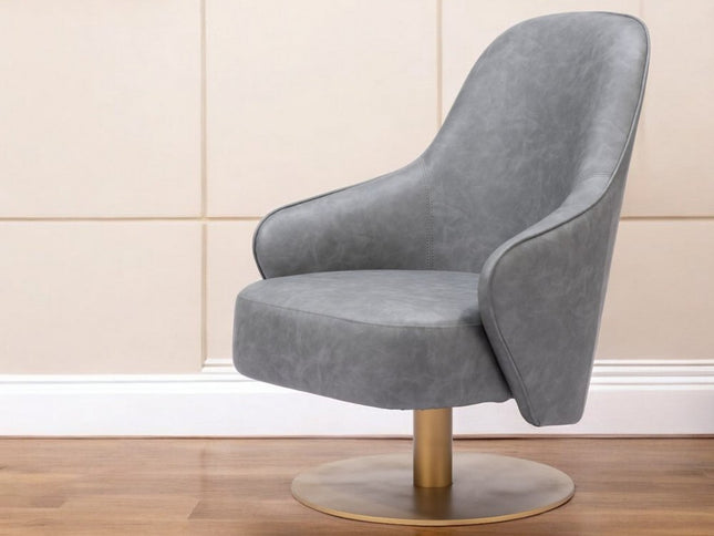 28" Gray And Gold Faux Leather And Faux Leather Swivel Arm Chair