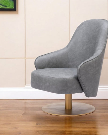 28" Gray And Gold Faux Leather And Faux Leather Swivel Arm Chair