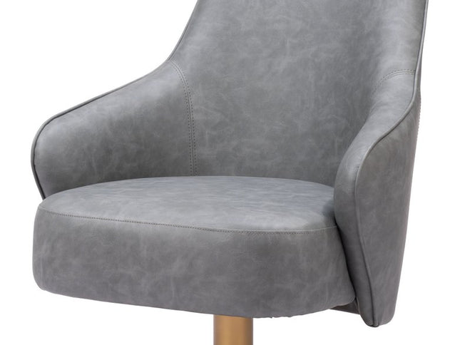 28" Gray And Gold Faux Leather And Faux Leather Swivel Arm Chair