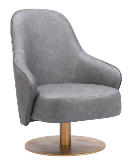 28" Gray And Gold Faux Leather And Faux Leather Swivel Arm Chair