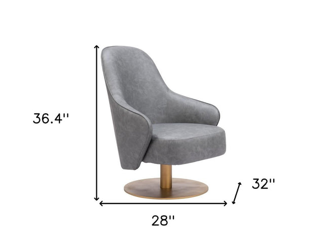 28" Gray And Gold Faux Leather And Faux Leather Swivel Arm Chair