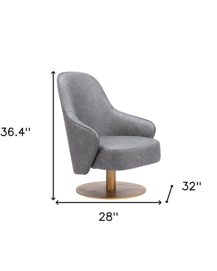 28" Gray And Gold Faux Leather And Faux Leather Swivel Arm Chair